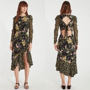 For Love And Lemons Ross Black Floral Tie Back Midi Dress XS
